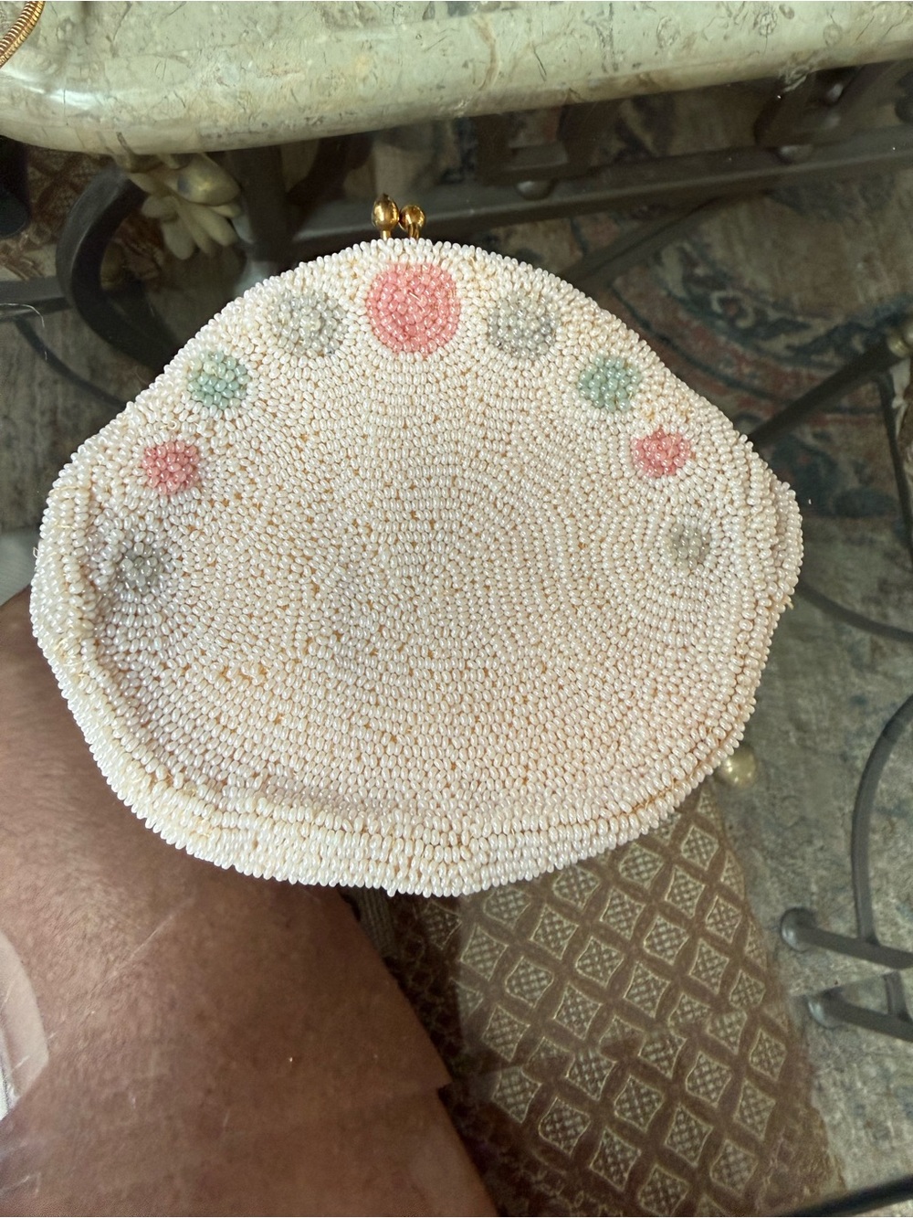 Vintage 1950s Rosenfeld made in Belgium ivory beaded kiss lock pouch, unused.